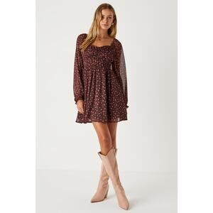 NWT LULUS Lg Perfect Afternoon Brown Floral Chiffon Skater Mini Dress